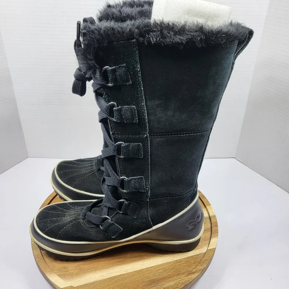 Sorel Tofino Women Waterproof Winter Snow Boots Black Suede Faux Fur NL2093 Sz 6
